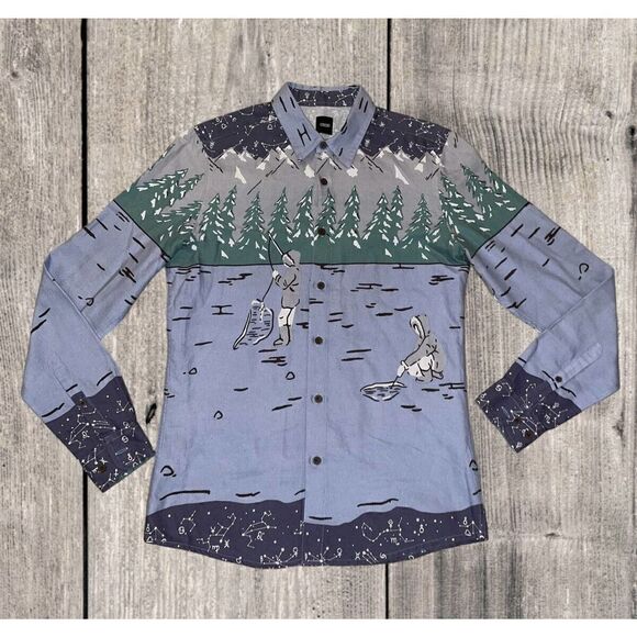 asos Button Down Shirt Ice Fishing Design AOP Mens Size Small 100% Cotton - Picture 1 of 7